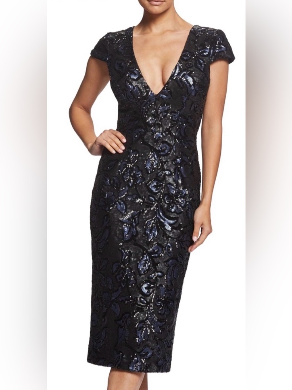Dress the Population Allison Sequin Midi Dress Black Blue Size Large EUC - Picture 1 of 17